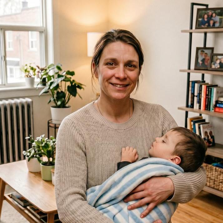 Elena at home with her children, stable and at peace